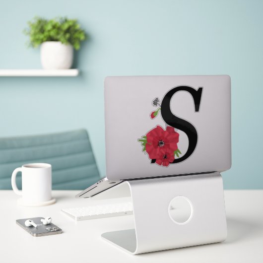 Monogramm, Alphabet, Buchstabe S, Floralmonogramm Aufkleber (Laptop auf Schreibtisch)