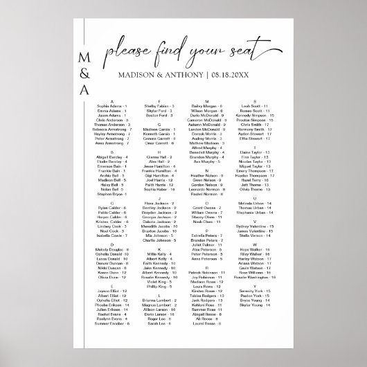Monogramm-Alphabetischer Hochzeitssitzplan Poster (Vorne)