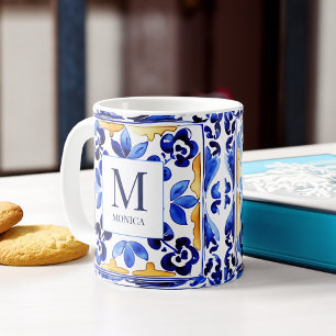Monogramm Amalfi Vietri italienische blaue Fliesen Kaffeetasse