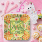 Monogramm Ananas Blume Grünpflanzen Pappteller (Party)