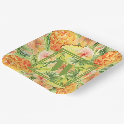 Monogramm Ananas Blume Grünpflanzen Pappteller (Gewinkelt)