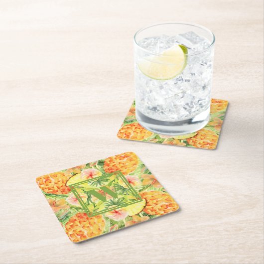 Monogramm Ananas-Blume Rechteckiger Pappuntersetzer (Vor Ort)