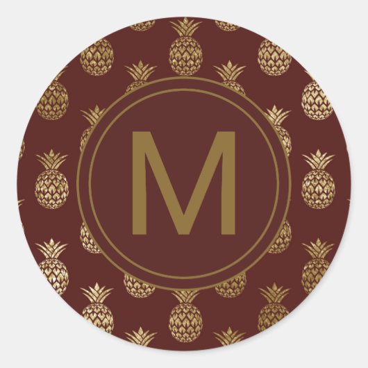 Monogramm | Ananas Gold Burgundy Runder Aufkleber (Vorderseite)