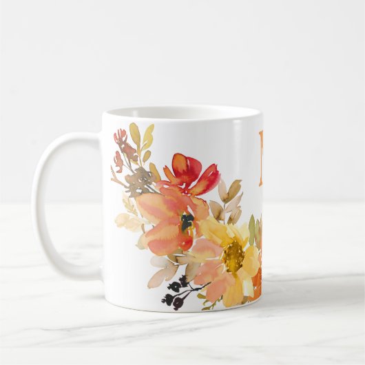 Monogramm anfänglicher Orangefarbener Wasserfarben Kaffeetasse (Links)
