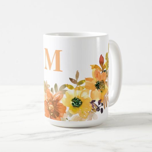 Monogramm anfänglicher Orangefarbener Wasserfarben Kaffeetasse (VorderseiteRechts)