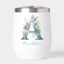 Monogramm Anfangsbuchstabe A Blau Floral Aquarell