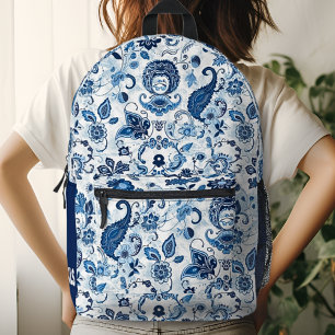 Monogramm Anfangsbuchstabe Blau und Weiß Paisley  Bedruckter Rucksack