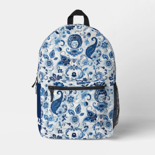 Monogramm Anfangsbuchstabe Blau und Weiß Paisley Bedruckter Rucksack