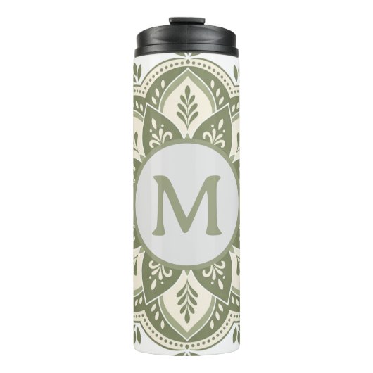 Monogramm Anfangsbuchstabe Boho Mandala Salbeigrün Thermosbecher (Vorderseite)