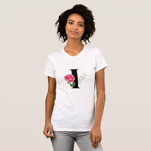 Monogramm Anfangsbuchstabe I in Schwarz mit rosa R T-Shirt (Vorne ganz)