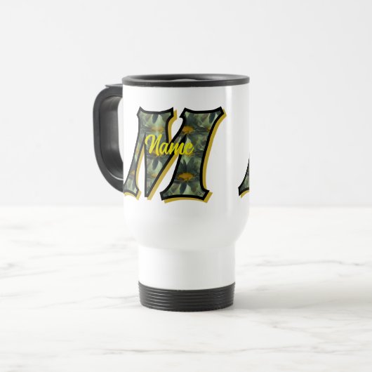 Monogramm Anfangsbuchstabe M Gänseblümchen Florale Reisebecher (Vorderseite Links)