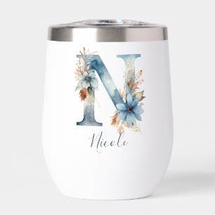 Monogramm Anfangsbuchstabe N Blau Floral Aquarell