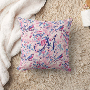 Monogramm-Anfangsbuchstabe Rosa Blau Toile Blumen Kissen