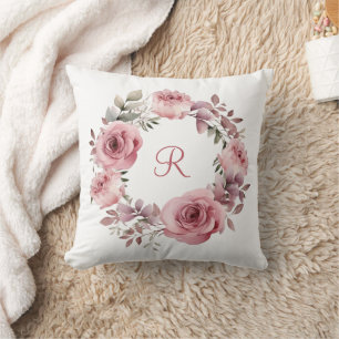 Monogramm Anfangsbuchstabe rosa Rosen Grün Wasserf Kissen