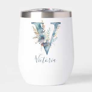 Monogramm Anfangsbuchstabe V Blau Floral Aquarell