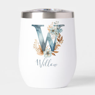 Monogramm Anfangsbuchstabe W Blau Floral Aquarell 