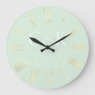 Monogramm Anfangsbuchstaben auf Minzgrüner Hochzei Große Wanduhr