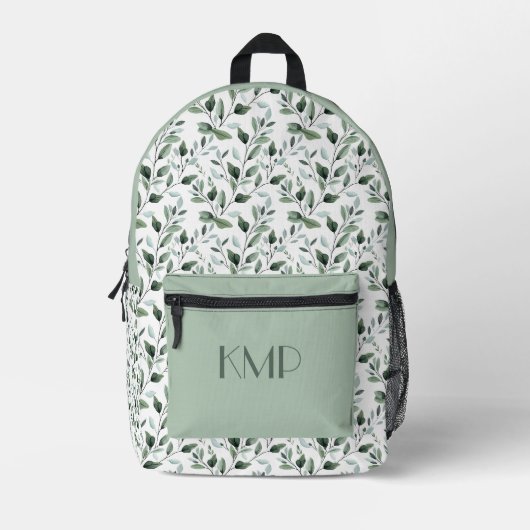 Monogramm Anfangsbuchstaben Grün Blätter Botanisch Bedruckter Rucksack (Vorderseite)