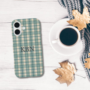 Monogramm Anfangsbuchstaben Grün Blau Beige Karier iPhone 16 Hülle