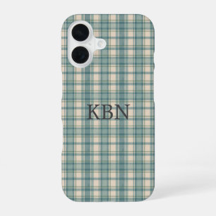 Monogramm Anfangsbuchstaben Grün Blau Beige Karier iPhone 16 Hülle
