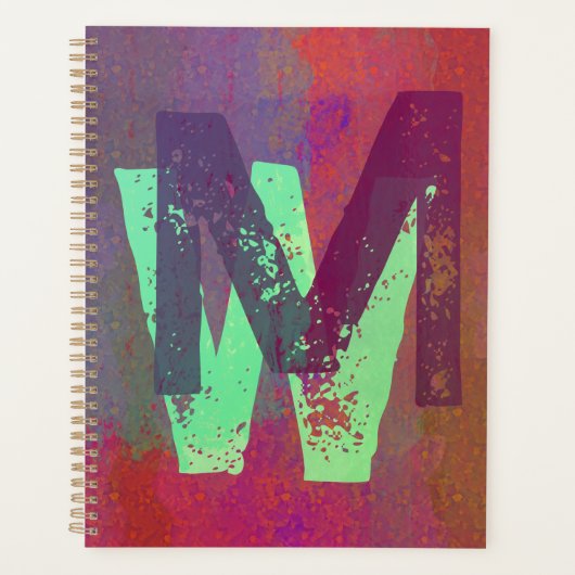 Monogramm Anfangsbuchstaben Grunge Funky Lila Grün Planer (Vorderseite)