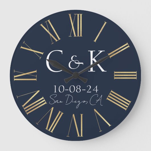 Monogramm Anfangsbuchstaben Navy Blau Hochzeit Große Wanduhr (Vorderseite)