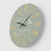 Monogramm Anfangsbuchstaben Salbeigrüne Hochzeit Große Wanduhr (Winkel)