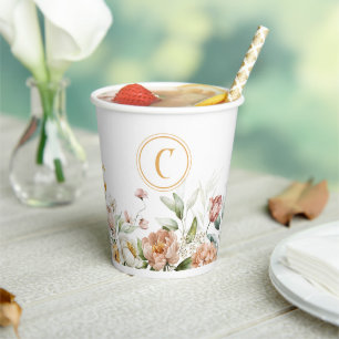 Monogramm, Anfangsbuchstaben und Name, Blumengrenz Pappbecher