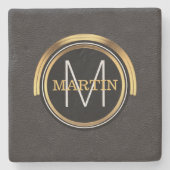 Monogramm-Anfangsfamilienname-Goldschwarz-Leder Steinuntersetzer (Vorderseite)