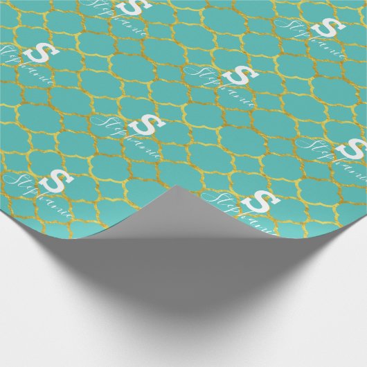 Monogramm Anfangsname Aquamarin Blue Gold Foil 202 Geschenkpapier (Ecke)