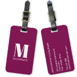 Monogramm Anfangsname Einfache Burgundy Pink Gepäckanhänger<br><div class="desc">Moderne Typografie minimalistisch monogramm Initialname Design in weiß auf tiefen Juwel burgundy rosa,  die geändert werden kann,  um personalisieren.</div>