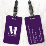 Monogramm Anfangsname Einfache Platte Lila Gepäckanhänger<br><div class="desc">Moderne Typografie minimalistisch monogramm Anfangsname Design in Weiß auf dunklem Pflaume lila,  die geändert werden kann,  um personalisieren.</div>