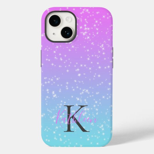 Monogramm Anfangsname Pink Blue Sparkle Ombre Case-Mate iPhone Hülle (Rückseite)