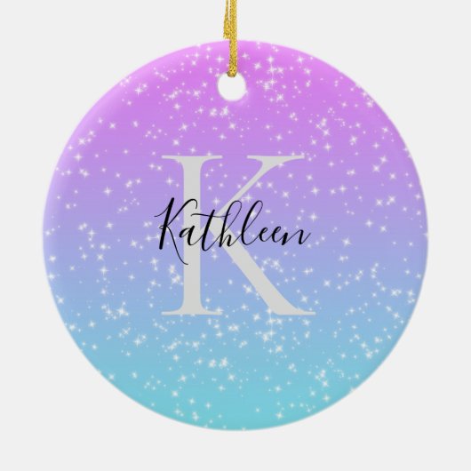 Monogramm Anfangsname Pink Blue Sparkle Ombre Keramik Ornament (Hinten)