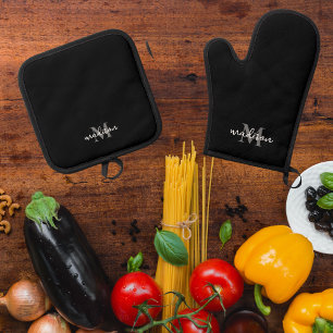 Monogramm Anfangsname Schwarz Ofenhandschuh & Topflappen-Set
