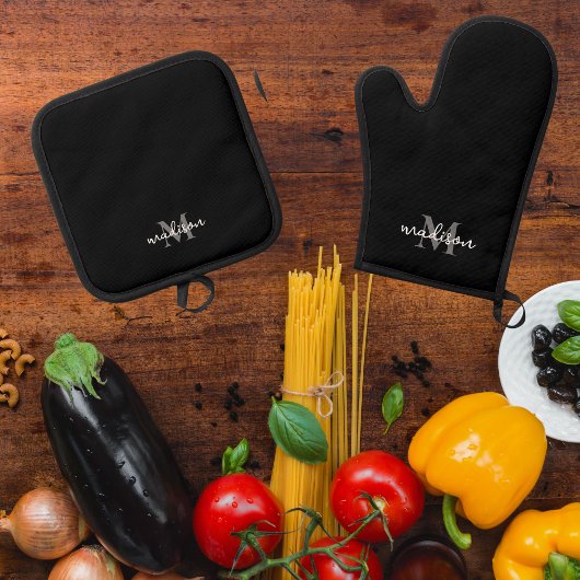 Monogramm Anfangsname Schwarz Ofenhandschuh & Topflappen-Set