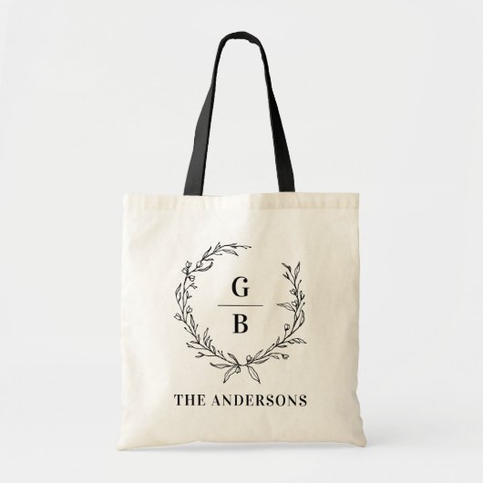 Monogramm Anfangspaar Kranz modern elegant Tragetasche (Vorne)