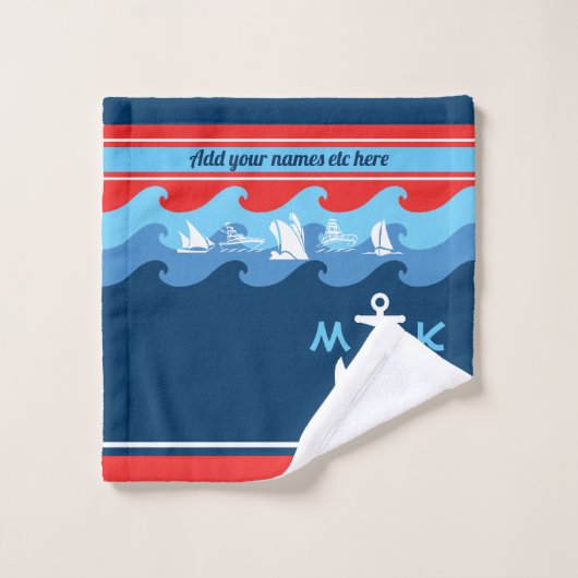 Monogramm-Anker bewegt Boots-rotes weißes blaues Badhandtuch Set (Waschlappen)