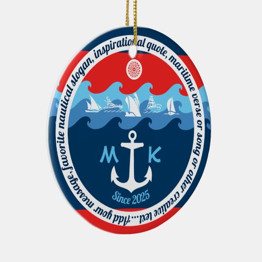 Monogramm-Anker bewegt Boots-rotes weißes blaues Keramik Ornament (Rechts)