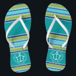 Monogramm-Anker-Lorbeer-Kranz Stripes Aqua Badesandalen<br><div class="desc">Ein eleganter weißer Anker mit Lorbeerblatt-Kranz ist das Mittelstück dieses einfachen, modischen, bunten Entwurfs, der stilvolle Streifen in den verschiedenen Tönen des Blaus kennzeichnen, Grüns und Graus. Frisch, Spaß, Seeentwurf perfekt während der heißen Sommerperiode. Dieser Entwurf ist das neutrale/Flüssigkeit Geschlecht und wird für alle Paare arbeiten. Fertigen Sie mit Ihren...</div>