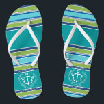 Monogramm-Anker-Lorbeer-Kranz Stripes Aqua Badesandalen<br><div class="desc">Ein eleganter weißer Anker mit Lorbeerblatt-Kranz ist das Mittelstück dieses einfachen, modischen, bunten Entwurfs, der stilvolle Streifen in den verschiedenen Tönen des Blaus kennzeichnen, Grüns und Graus. Frisch, Spaß, Seeentwurf perfekt während der heißen Sommerperiode. Dieser Entwurf ist das neutrale/Flüssigkeit Geschlecht und wird für alle Paare arbeiten. Fertigen Sie mit Ihren...</div>