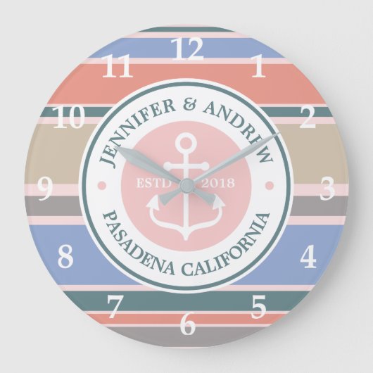 Monogramm-Anker-modisches Streifen-Rosa-Seestrand Große Wanduhr (Vorderseite)