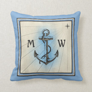 Monogramm-Anker-Vintager blauer Seekompaß Kissen