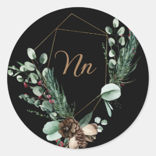 Monogramm anpassbarer Goldrahmen grüner Zweig  Runder Aufkleber