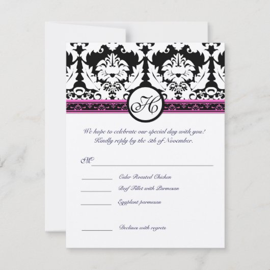 Monogramm-Antwort mit dem Menü der Black Damask UA Einladung (Vorderseite)