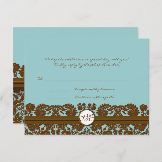 Monogramm-Antwortkarte für braune Damaske RSVP Karte (Vorne/Hinten)