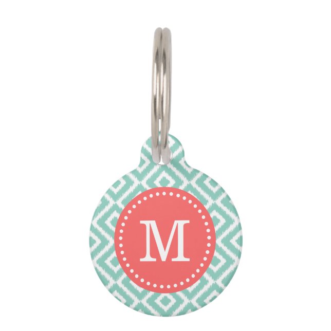 Monogramm Aqua and Coral Ikat Diamonds Haustiermarke (Vorderseite)
