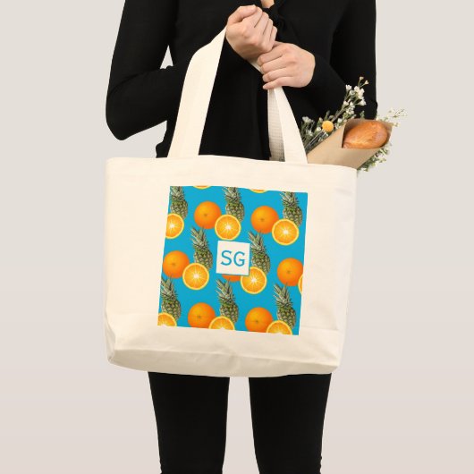 Monogramm Aqua-Blau Ananas Orange Fruchtmuster Jumbo Stoffbeutel (Vorderseite (Produkt))