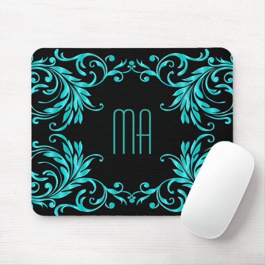 Monogramm-Aqua-Blau-Damast Mousepad (Mit Mouse)