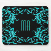 Monogramm-Aqua-Blau-Damast Mousepad (Vorne)